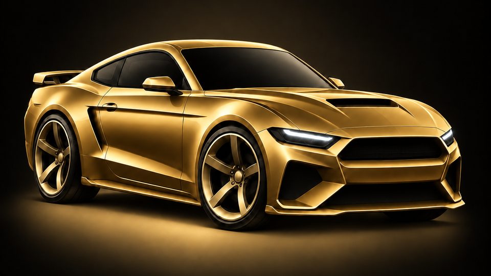 Gold sports car on a dark studio background